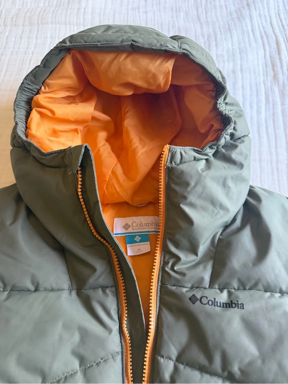 Columbia Kids Olive & Dark Green Puffer Jacket with Orange Lining
